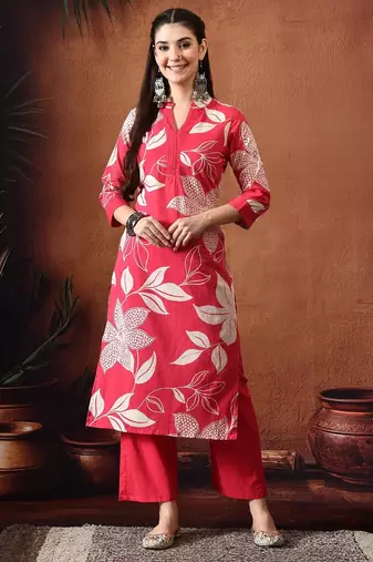 Floral printed regular pure cotton kurta with trousers