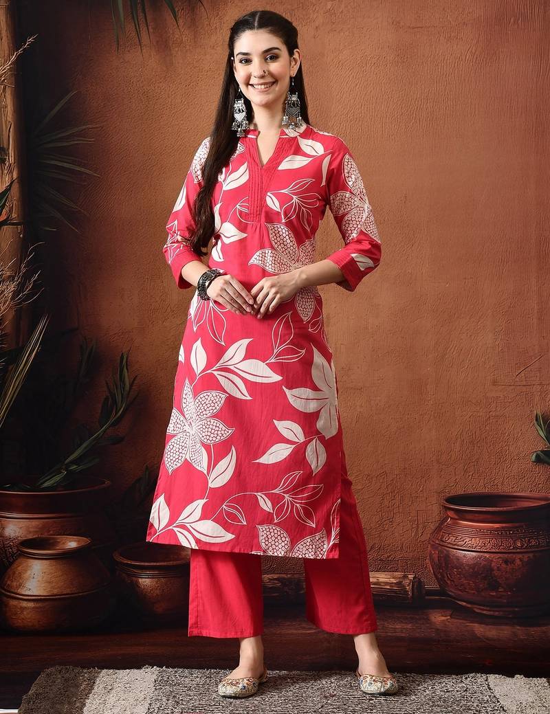Floral printed regular pure cotton kurta with trousers