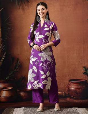 Floral printed mandarin collar pure cotton straight kurta with trousers 1