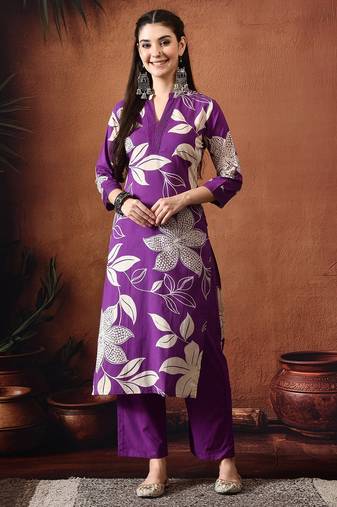Floral printed mandarin collar pure cotton straight kurta with trousers