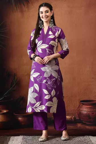 Floral printed mandarin collar pure cotton straight kurta with trousers