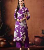 Floral printed mandarin collar pure cotton straight kurta with trousers