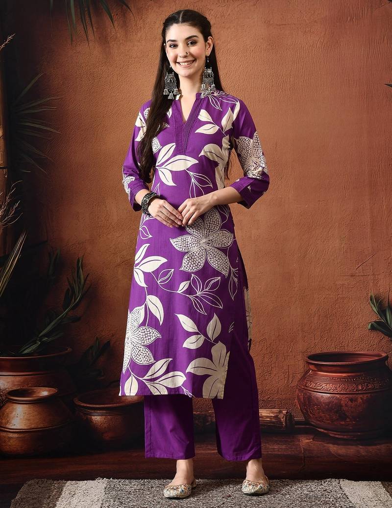 Floral printed mandarin collar pure cotton straight kurta with trousers