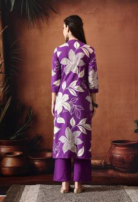 Floral printed mandarin collar pure cotton straight kurta with trousers 3