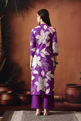 Floral printed mandarin collar pure cotton straight kurta with trousers