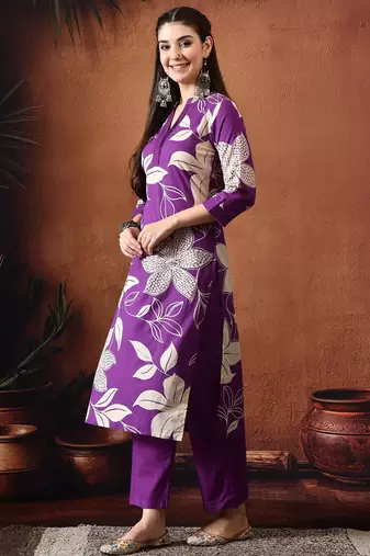Floral printed mandarin collar pure cotton straight kurta with trousers