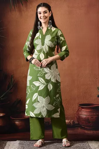 Floral printed mandarin collar pure cotton kurta with trousers