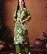 Floral printed mandarin collar pure cotton kurta with trousers