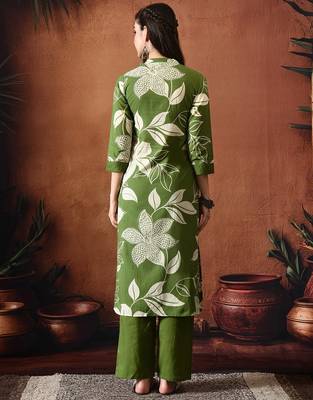 Floral printed mandarin collar pure cotton kurta with trousers 3