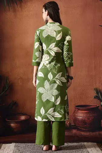 Floral printed mandarin collar pure cotton kurta with trousers