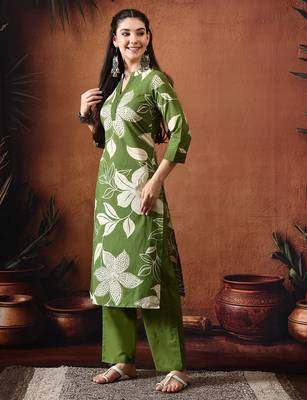 Floral printed mandarin collar pure cotton kurta with trousers 4