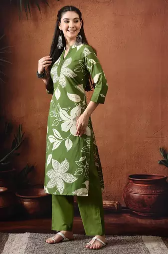 Floral printed mandarin collar pure cotton kurta with trousers