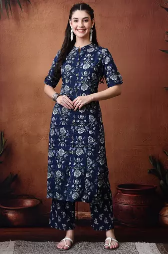 Floral printed band collar pure cotton kurta with trousers