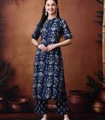Floral printed band collar pure cotton kurta with trousers