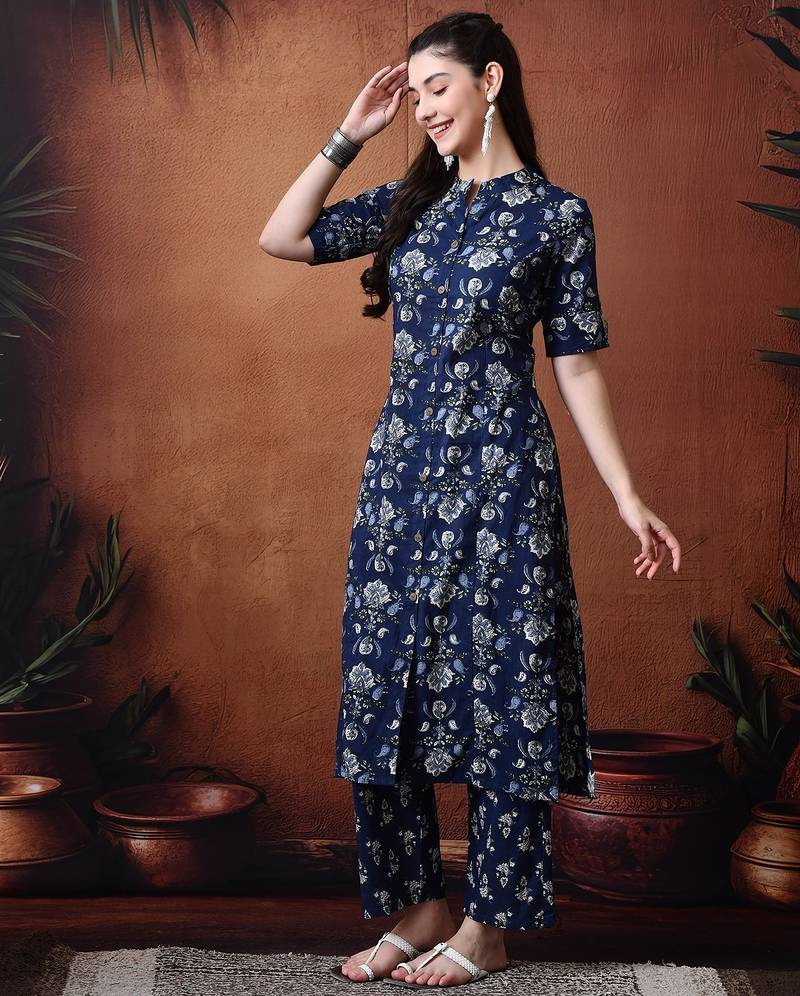 Floral printed band collar pure cotton kurta with trousers