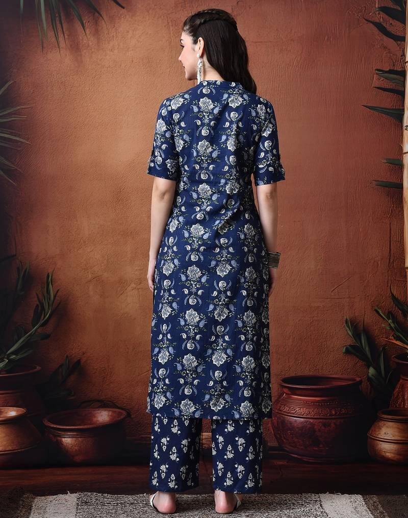 Floral printed band collar pure cotton kurta with trousers