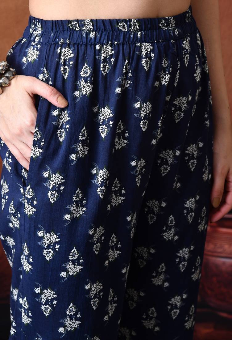Floral printed band collar pure cotton kurta with trousers