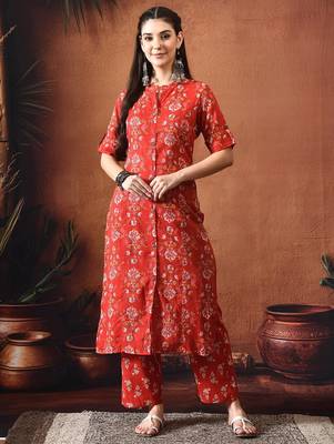 Floral printed mandarin collar pure cotton kurta with palazzos 1