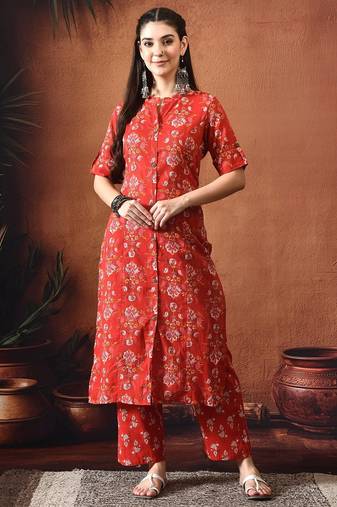 Floral printed mandarin collar pure cotton kurta with palazzos