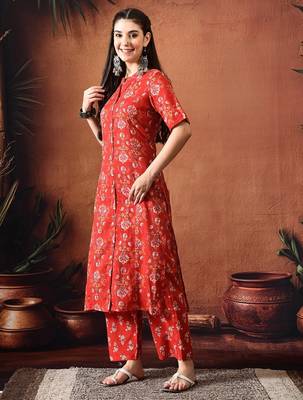 Floral printed mandarin collar pure cotton kurta with palazzos 4
