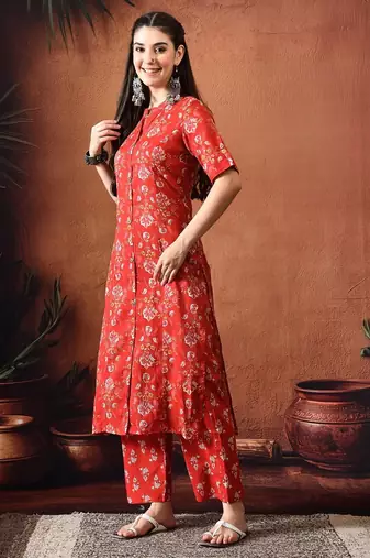 Floral printed mandarin collar pure cotton kurta with palazzos