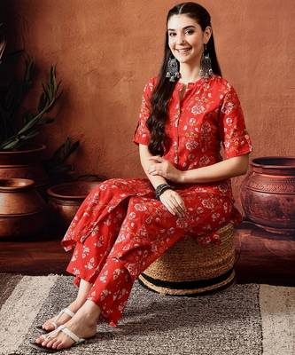 Floral printed mandarin collar pure cotton kurta with palazzos 5