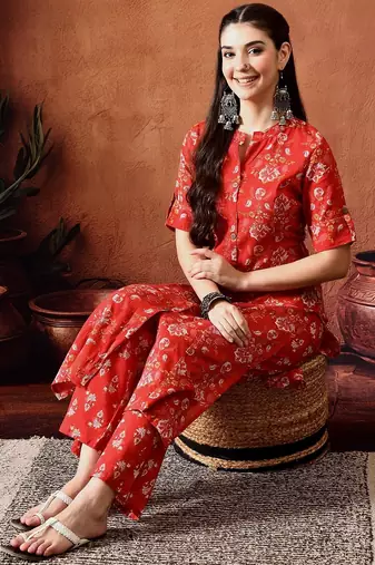 Floral printed mandarin collar pure cotton kurta with palazzos