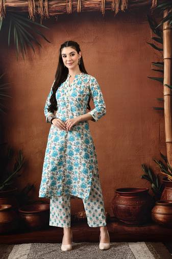 Floral printed mandarin collar pure cotton kurta with palazzos