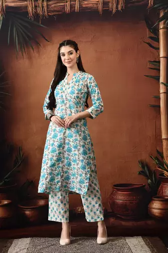 Floral printed mandarin collar pure cotton kurta with palazzos