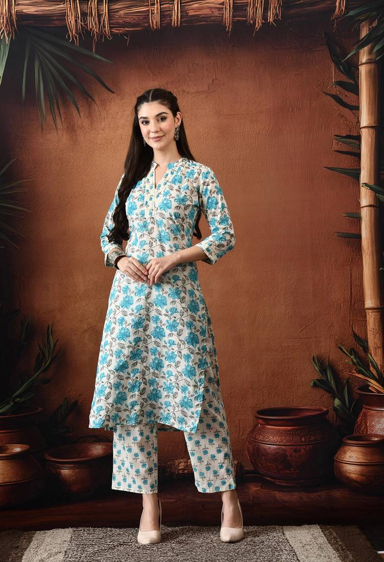 Floral printed mandarin collar pure cotton kurta with palazzos