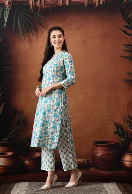 Floral printed mandarin collar pure cotton kurta with palazzos 4