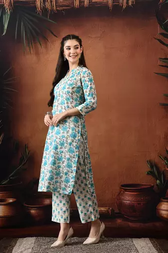 Floral printed mandarin collar pure cotton kurta with palazzos