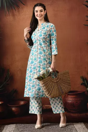 Floral printed mandarin collar pure cotton kurta with palazzos