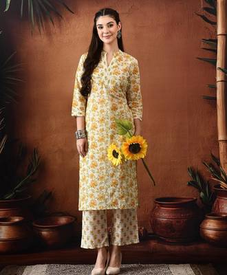 Floral printed mandarin collar pure cotton kurta with trousers 1