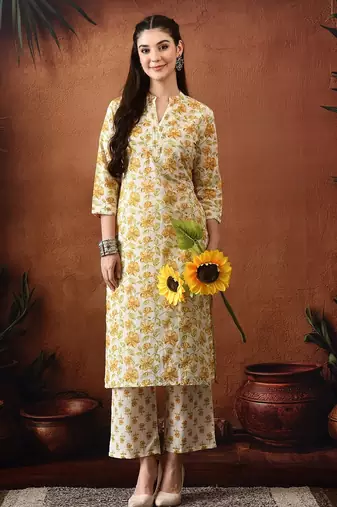 Floral printed mandarin collar pure cotton kurta with trousers