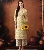 Floral printed mandarin collar pure cotton kurta with trousers