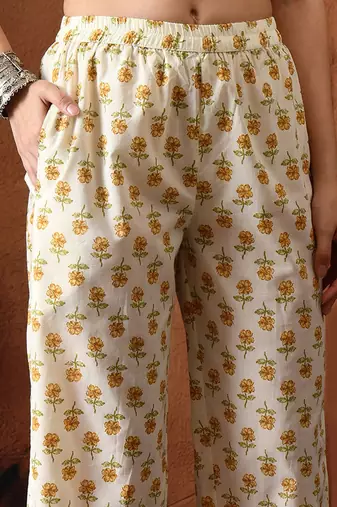 Floral printed mandarin collar pure cotton kurta with trousers