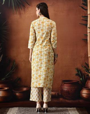 Floral printed mandarin collar pure cotton kurta with trousers 3