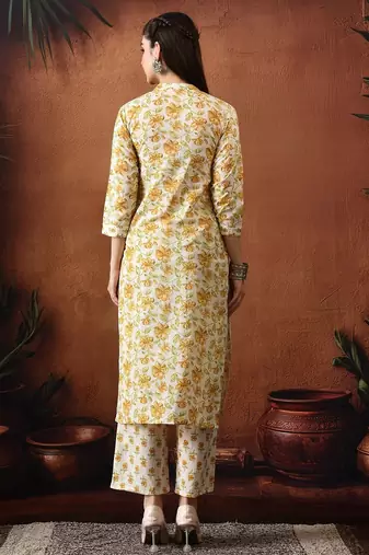 Floral printed mandarin collar pure cotton kurta with trousers