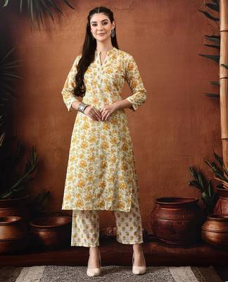 Floral printed mandarin collar pure cotton kurta with trousers 4