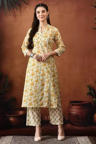 Floral printed mandarin collar pure cotton kurta with trousers