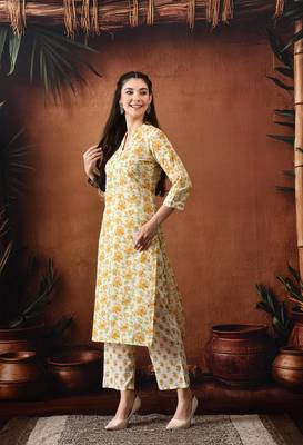Floral printed mandarin collar pure cotton kurta with trousers 5