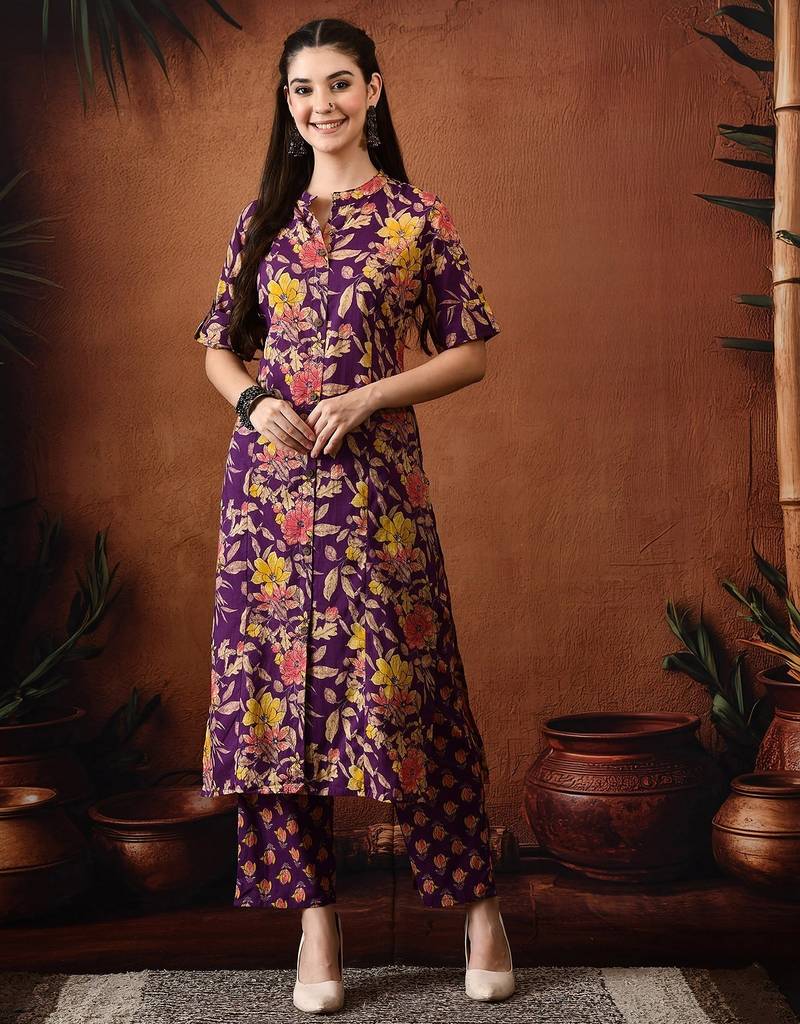 Floral printed round neck pure cotton kurta with trousers