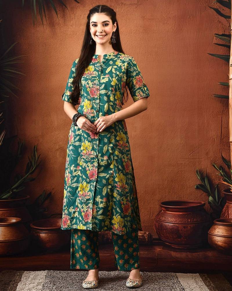 Floral printed cotton a-line kurta with trousers