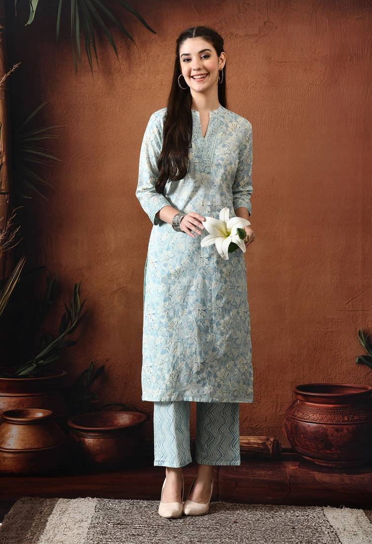 Floral printed mandarin collar pure cotton kurta with trousers