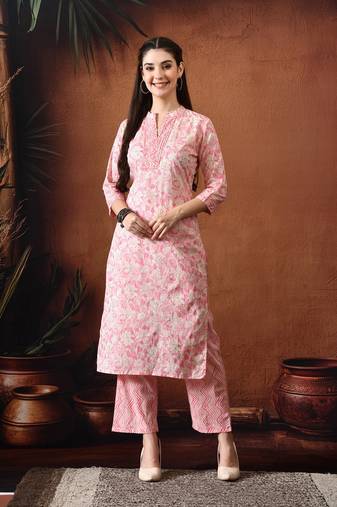 Floral printed mandarin collar pure cotton straight kurta with trousers