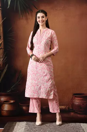 Floral printed mandarin collar pure cotton straight kurta with trousers