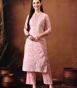 Floral printed mandarin collar pure cotton straight kurta with trousers