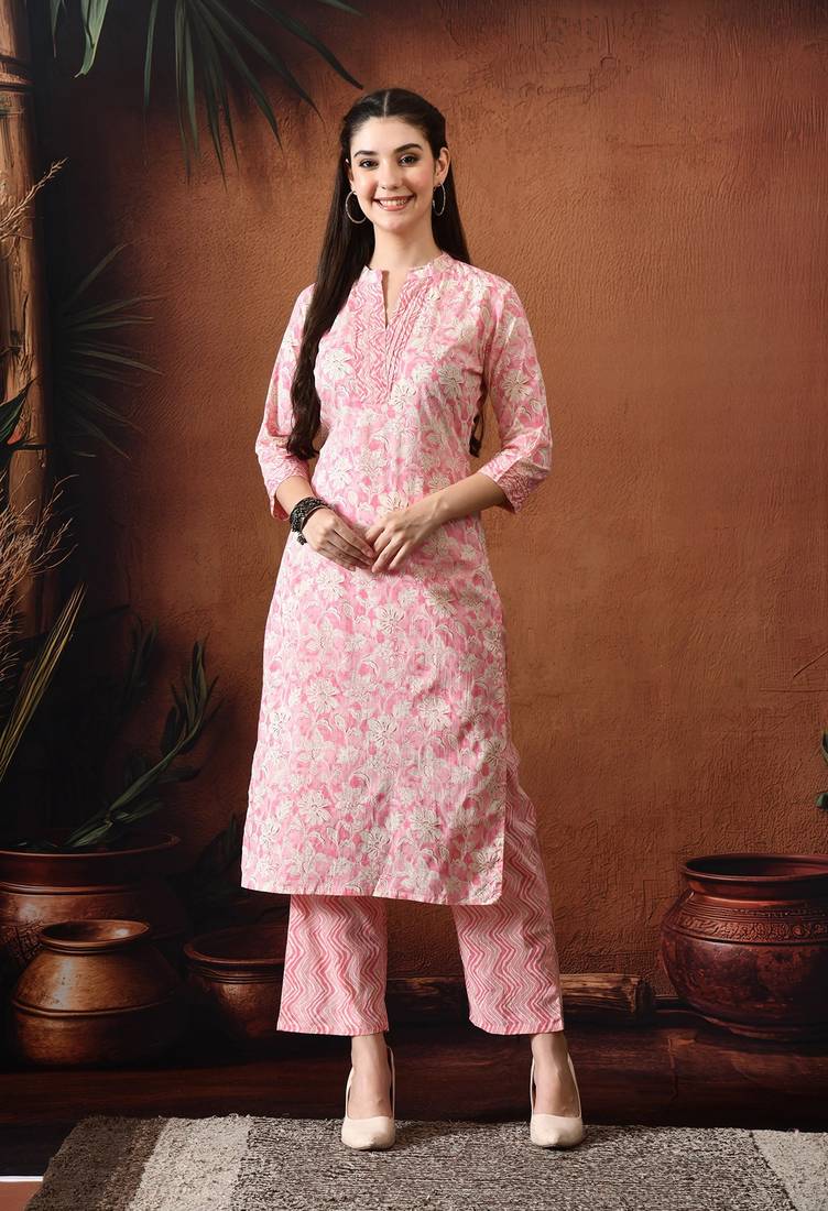Floral printed mandarin collar pure cotton straight kurta with trousers
