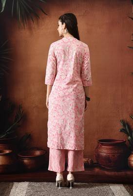 Floral printed mandarin collar pure cotton straight kurta with trousers 3